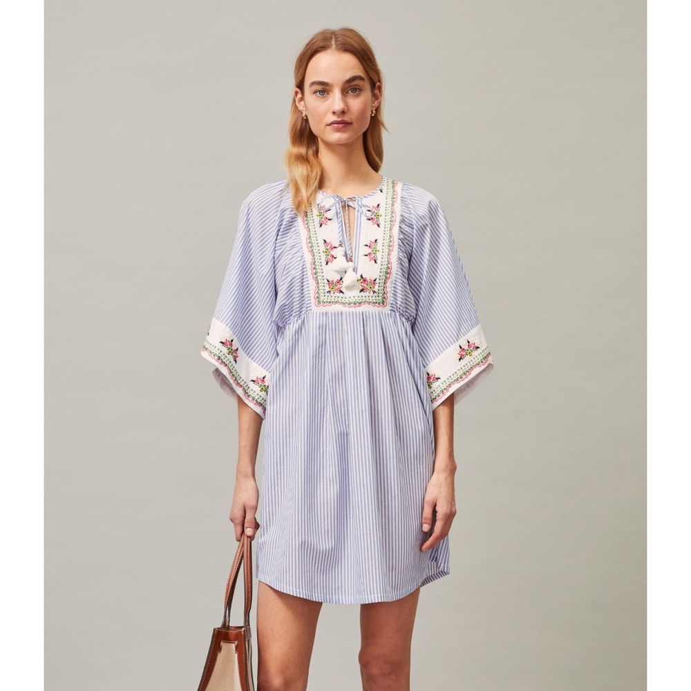 Tory Burch Blue White Striped Embroidered Tassel Tunic Dress 73842 Medium